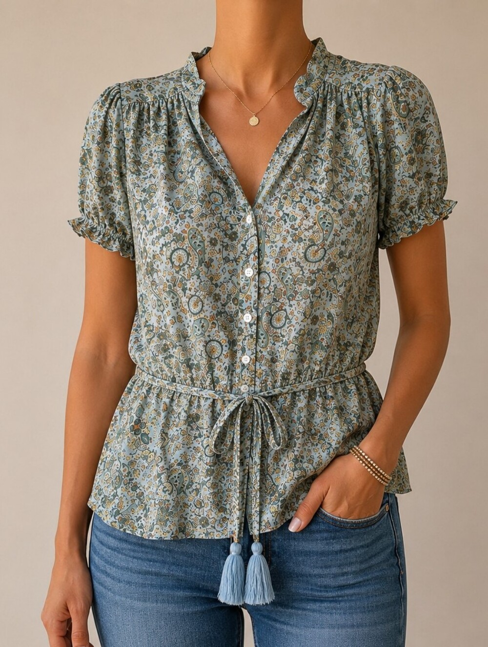 Davi & Dani Paisley Blouse Small Sage Green Button Front Tie Waist Boho Floral
